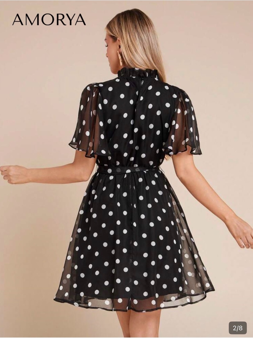 SHEIN Black and White Polka Dot Tie-Front Mini Dress - Picture 3 of 5